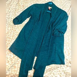 Teal open front dress top, size S